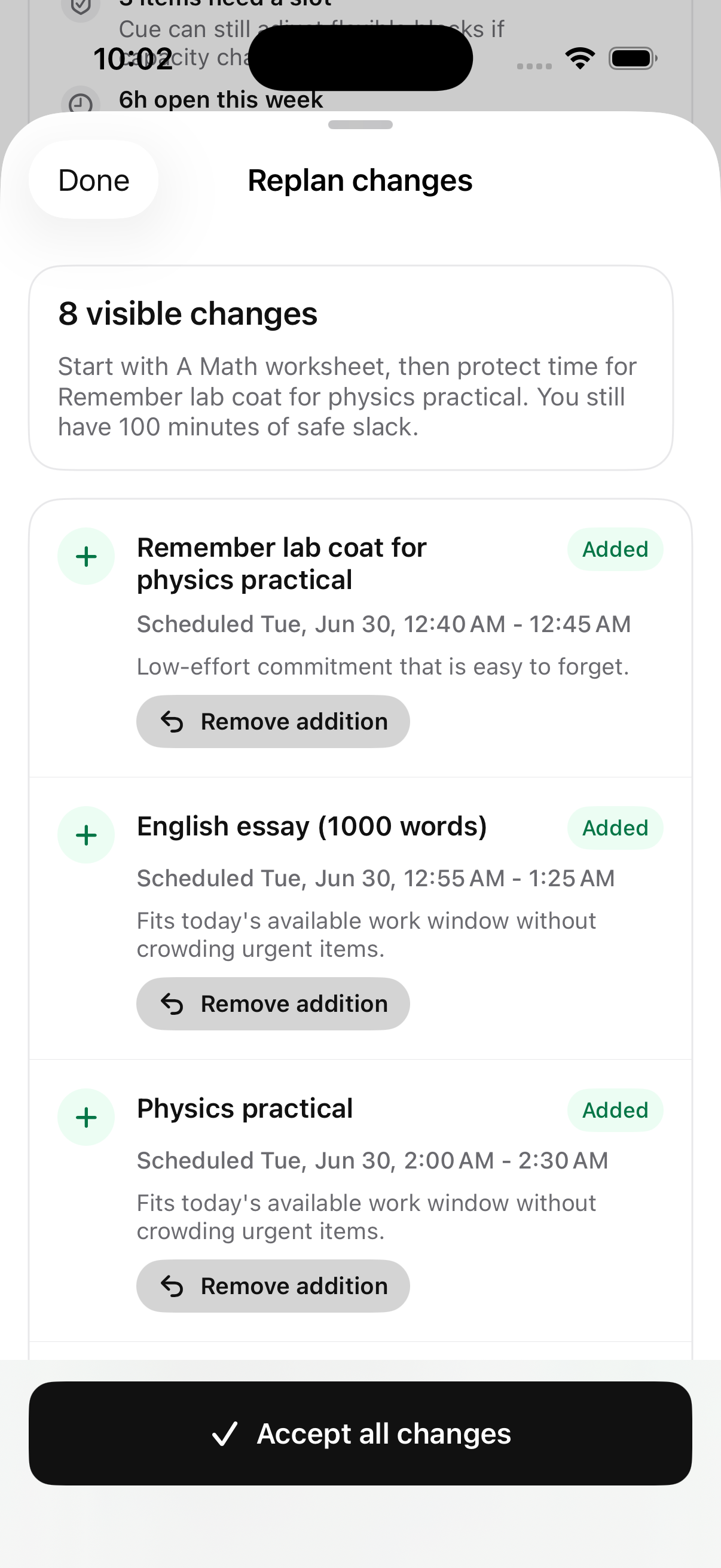 Cue app replan sheet showing accepted schedule changes